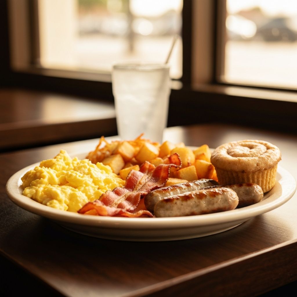 Hearty breakfast plate with eggs, bacon, sausage, and hash browns