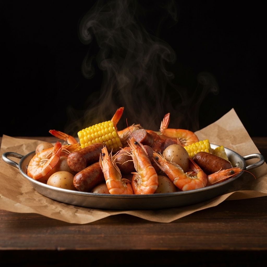 Steaming seafood boil with shrimp, sausage, corn, and potatoes